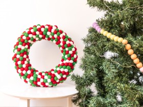 Felt Ball Wreath, Grey, White and Red, Made shops from Wool Felt