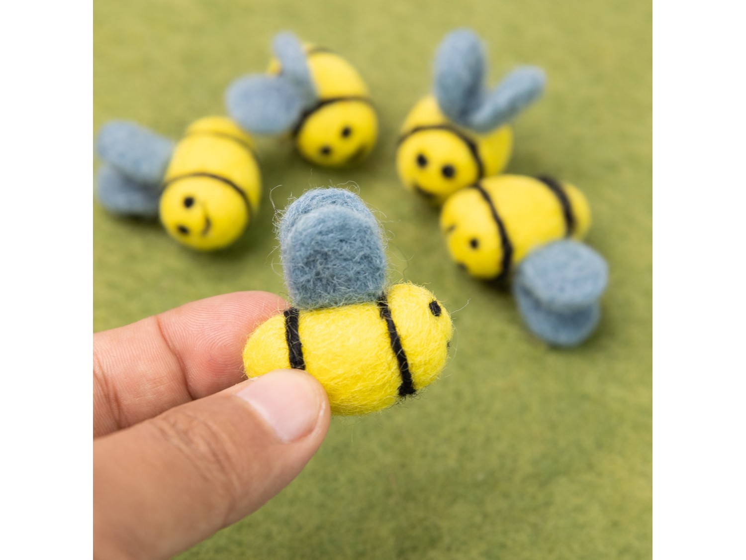 Handmade Felt Bees with Blue Wings - Felt and Yarn