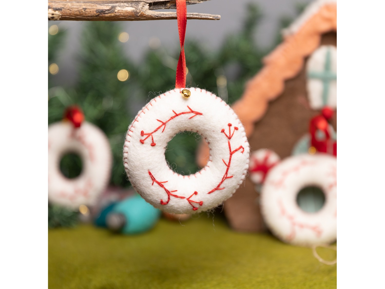 Mini White Felt Wreath with Red Leaf Design - Felt and Yarn