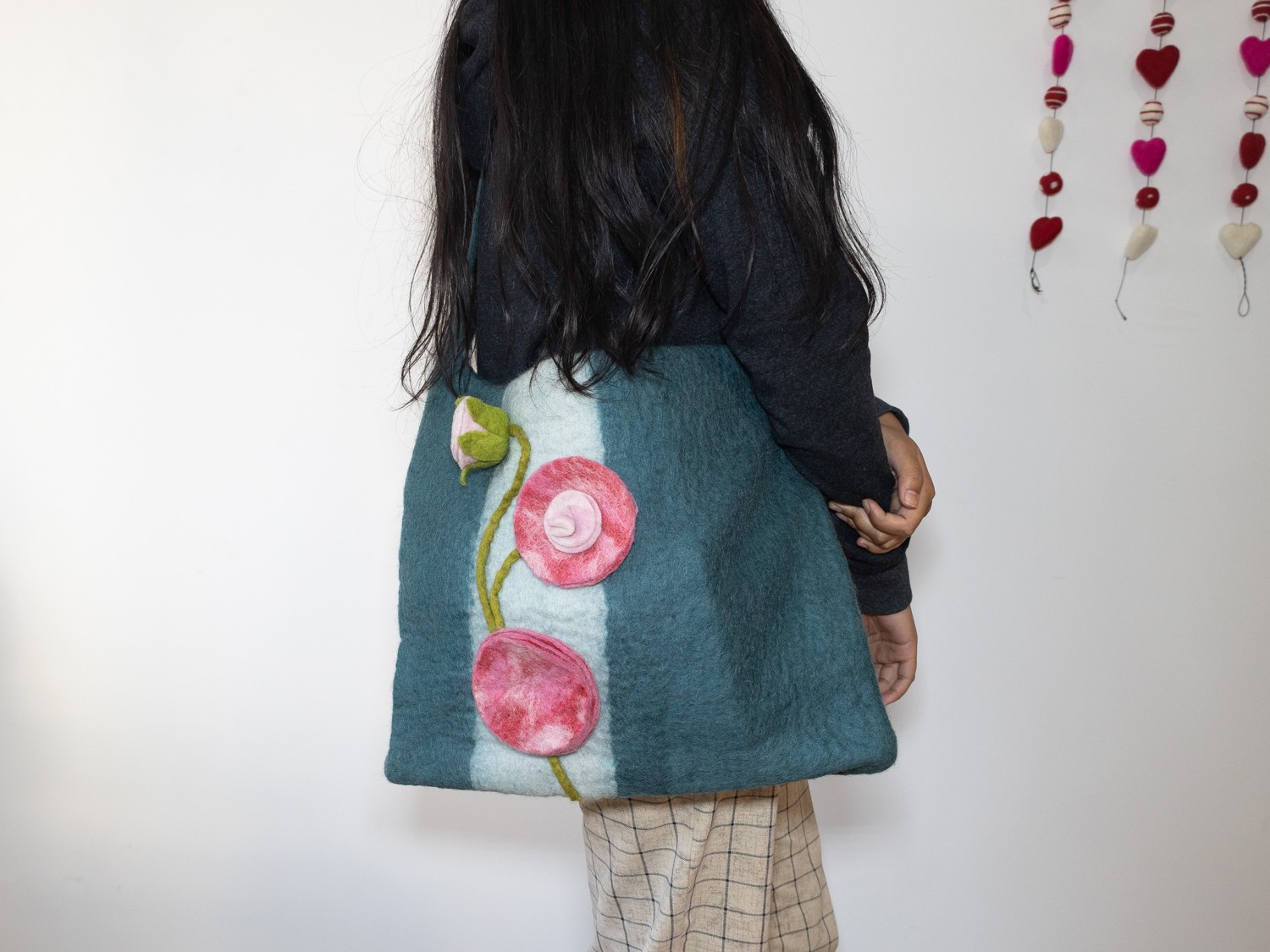 Felt Teal Hand Bag with Floral Accent