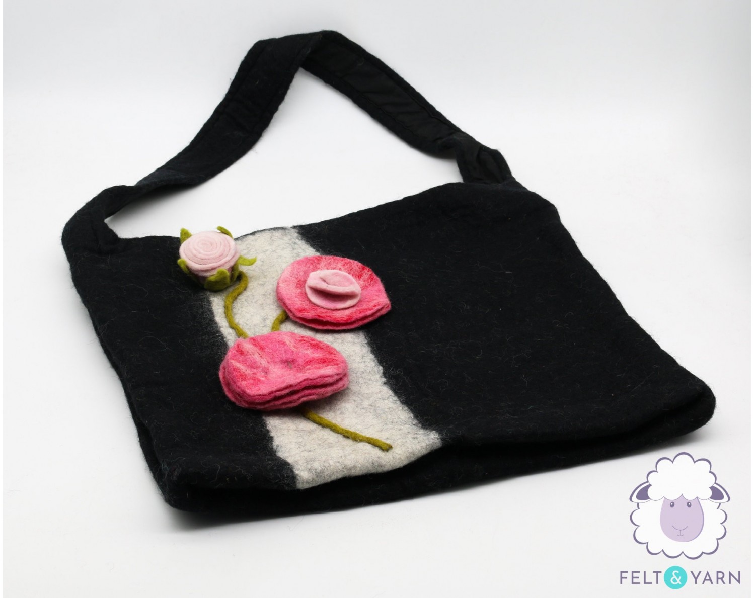 Felt Black Hand Bag with Floral Detailing - Felt and Yarn