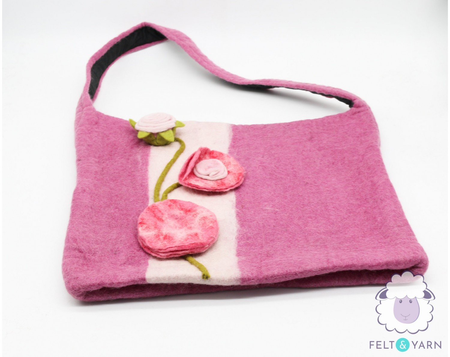 Felt Pink Shoulder Bag with Flower Design - Felt and Yarn