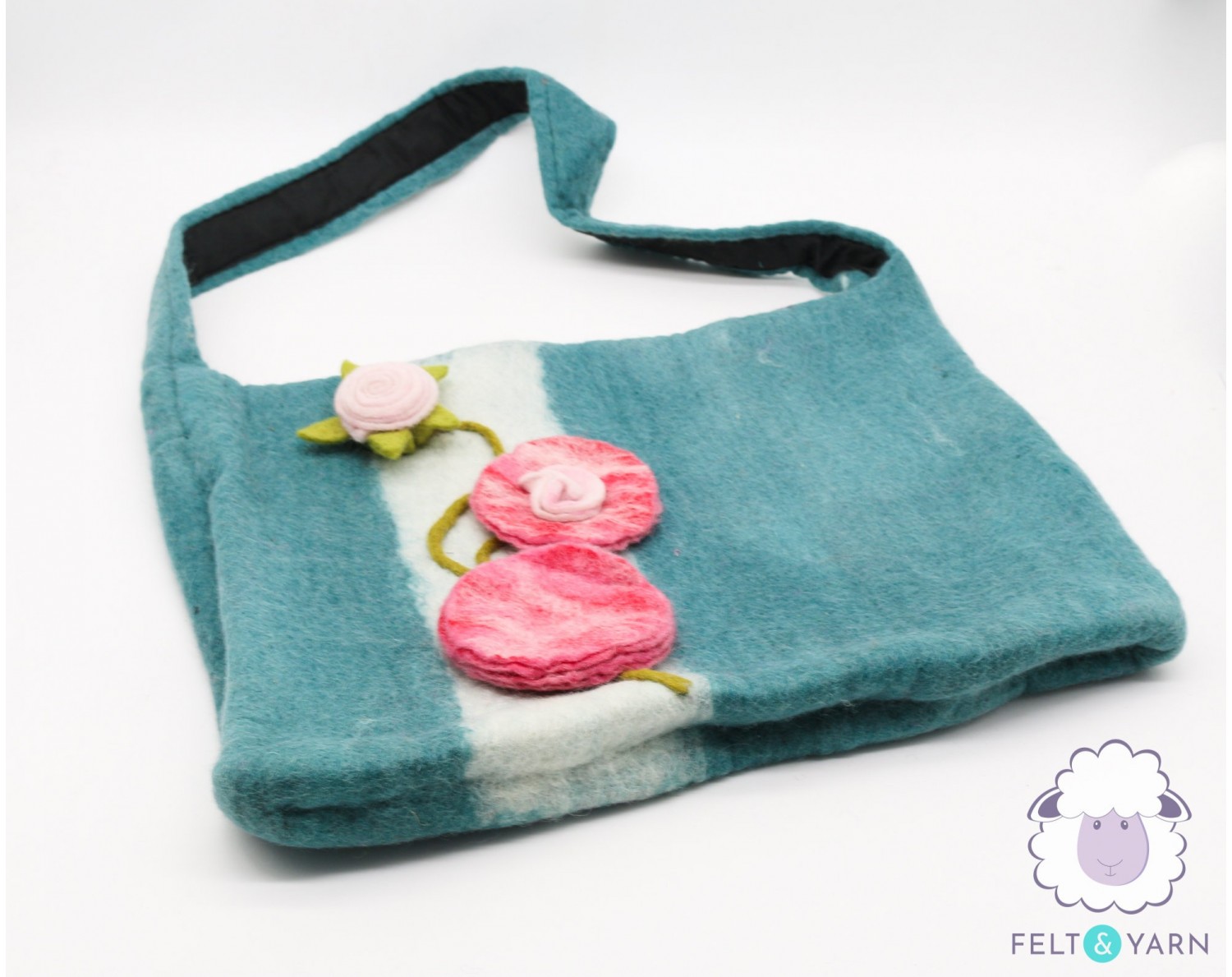 Felt Teal Hand Bag with Floral Accent - Felt and Yarn