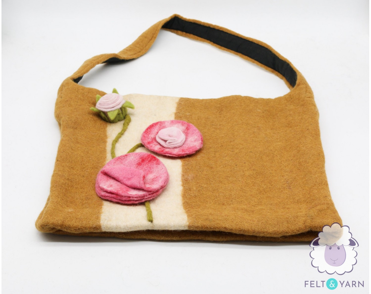 Felt Gold Hand Bag with Floral Design - Felt and Yarn