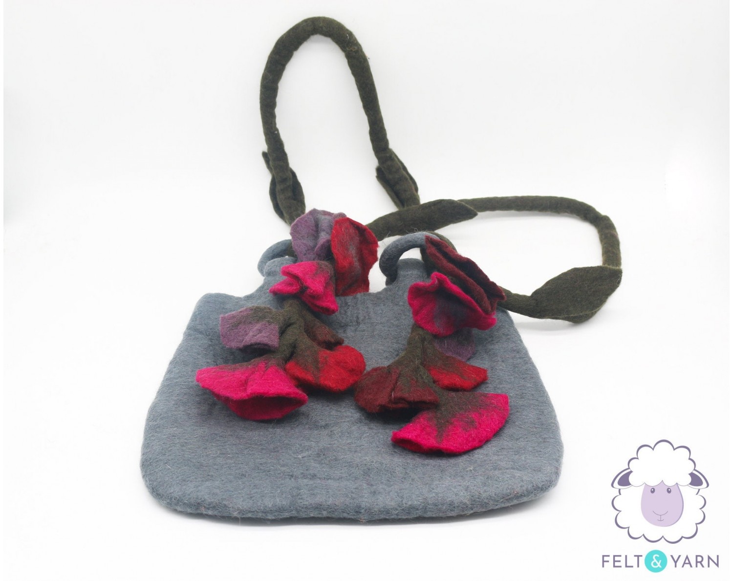 Grey Felt Bag with Flowers Handle - Felt and Yarn