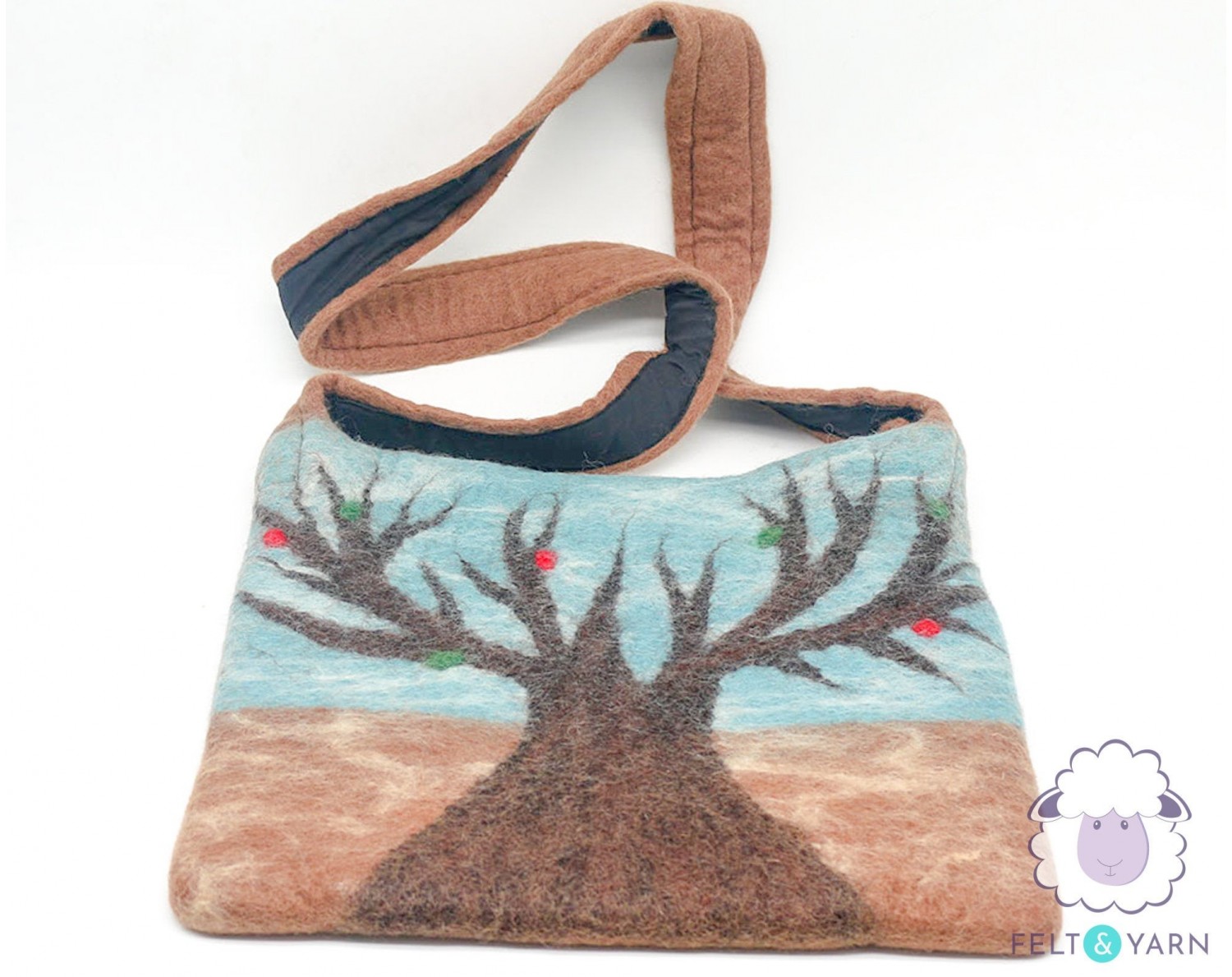 Wool Felt Bag with Tree of Life Design - Felt and Yarn