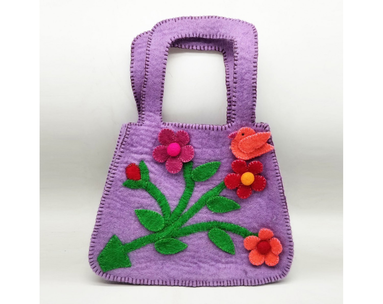 Felt Purple Hand Bag with Floral Accent - Felt and Yarn